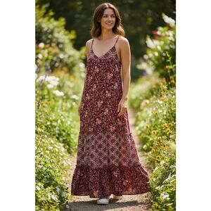 Knox Rose Maxi Dress Tiered Floral Print Mixed Print Strappy Burgundy XS Prairie